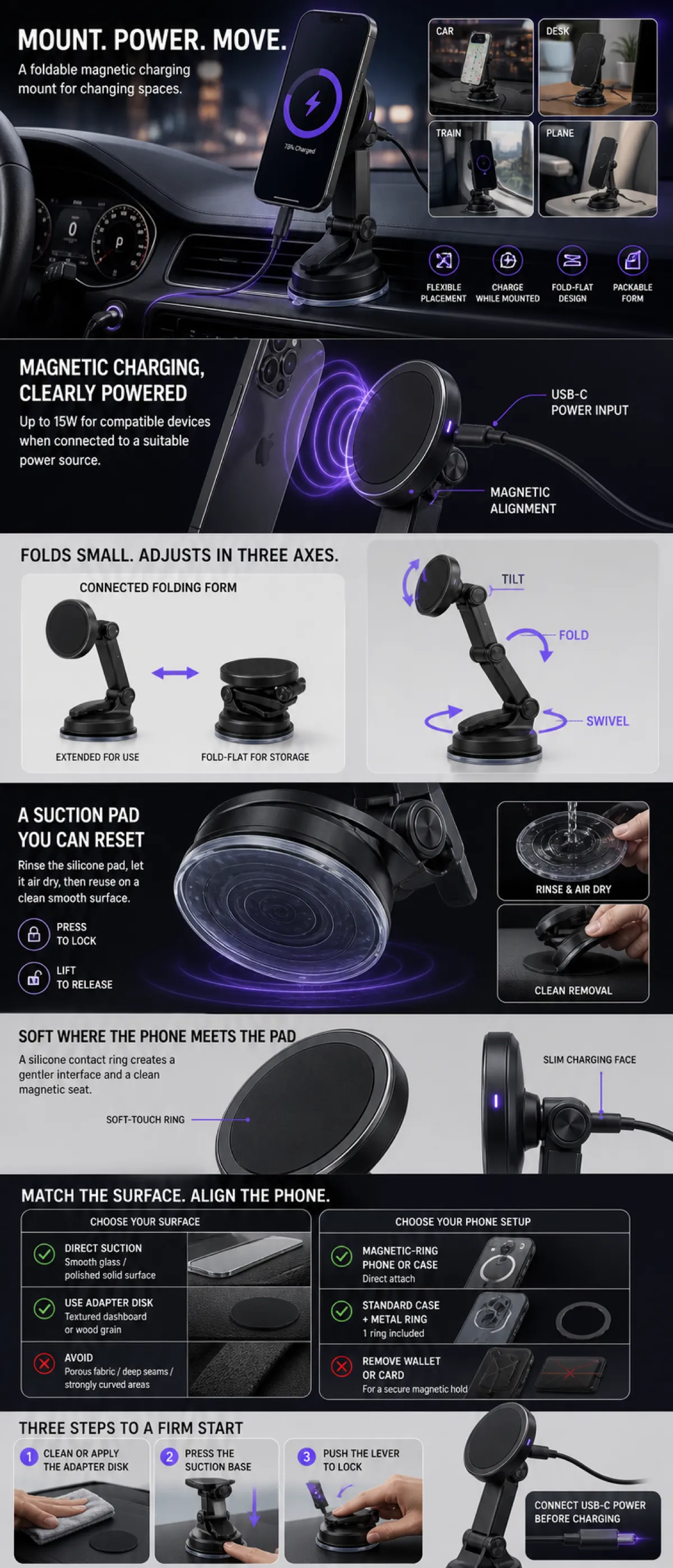 Foldable Magnetic Charging Car Mount with Suction Base｜AI Image Generation Prompts