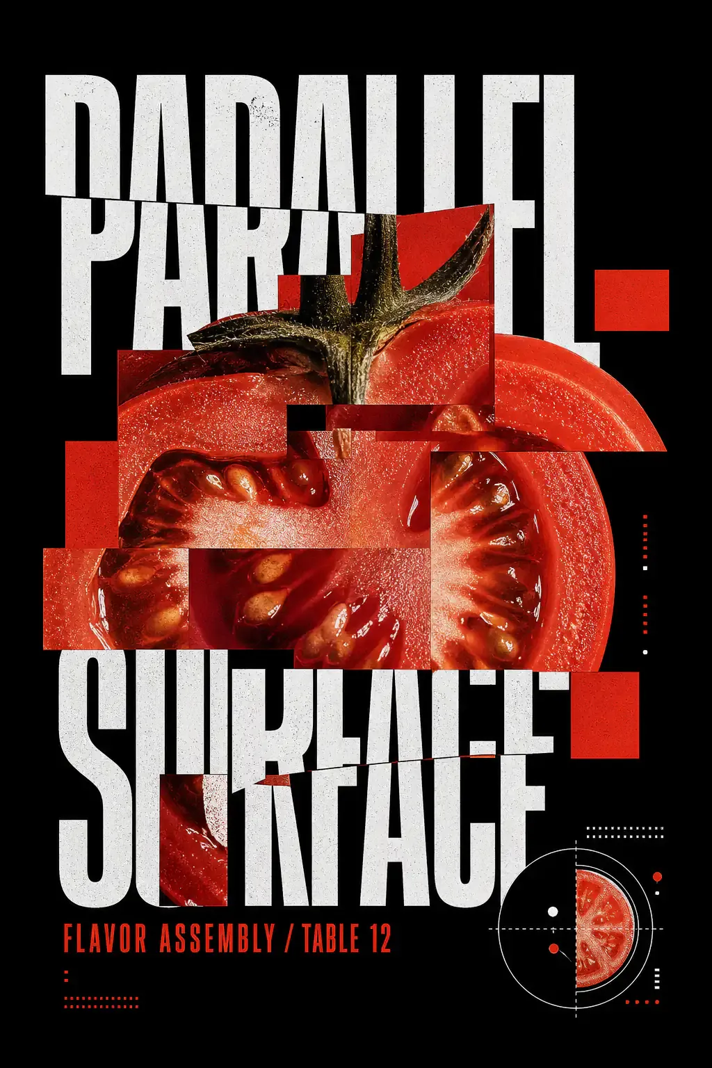 Parallel Surface Sliced Tomato Typography Poster｜AI Image Generation Prompts