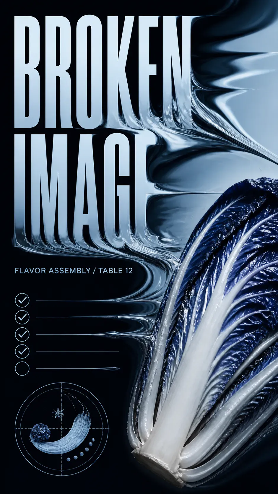 Broken Image poster with metallic Napa cabbage｜AI Image Generation Prompts