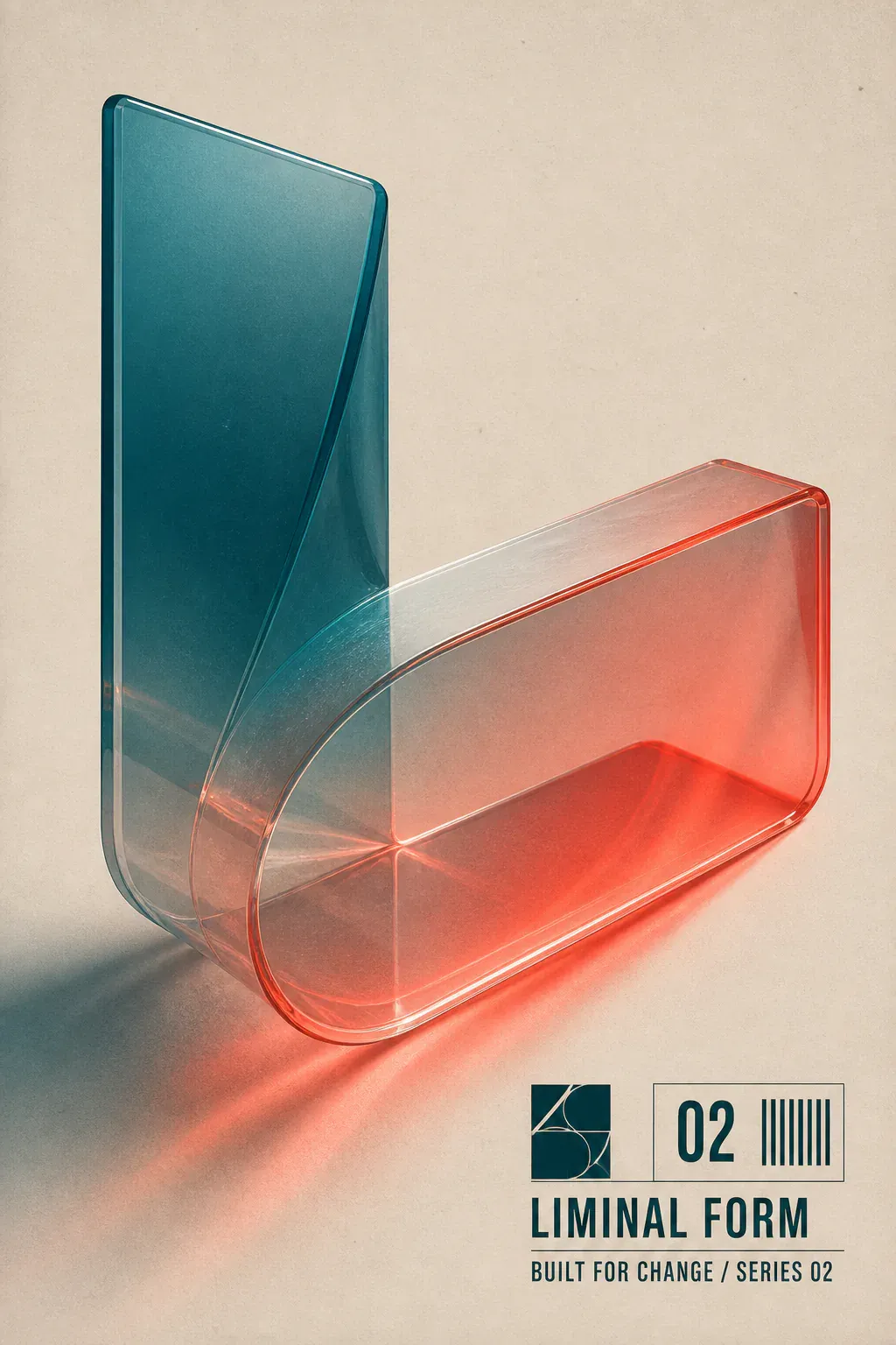 Translucent L-shaped form with teal and red gradient｜AI Image Generation Prompts
