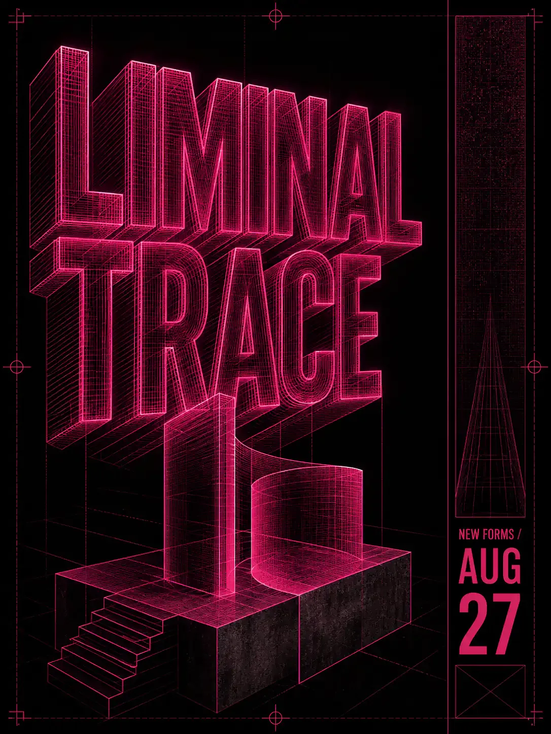 Liminal Trace 3D wireframe typography poster｜AI Image Generation Prompts