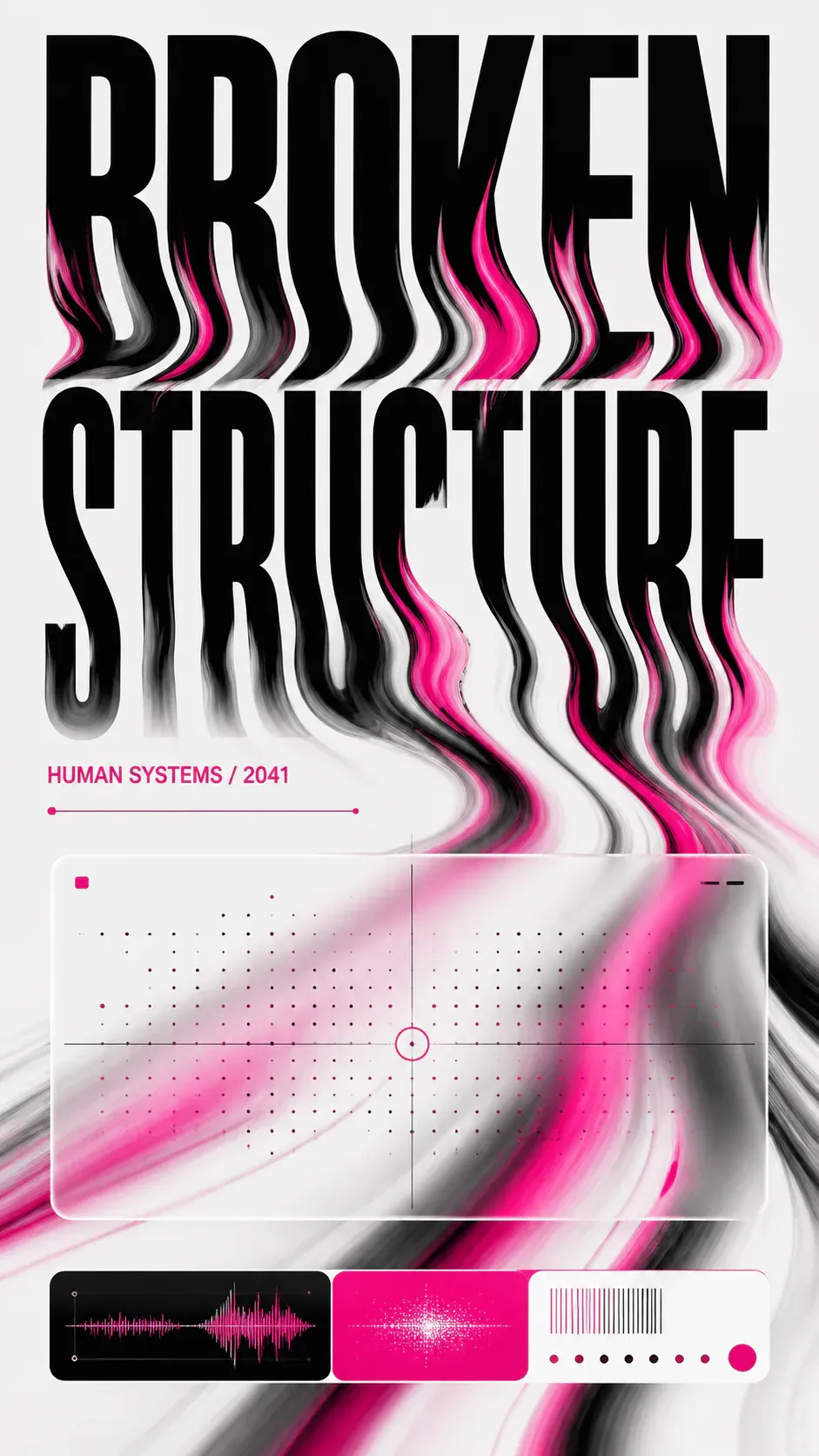 Broken Structure Typography Poster with Pink Waves｜AI Image Generation Prompts