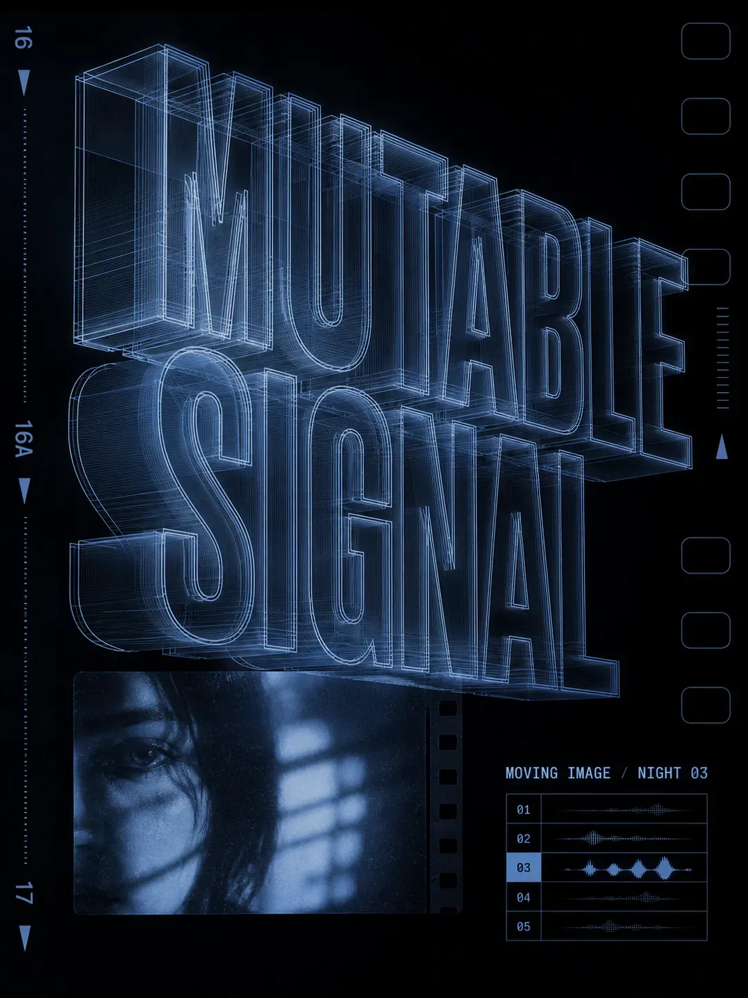 Mutable Signal 3D Wireframe Text and Film Interface｜AI Image Generation Prompts