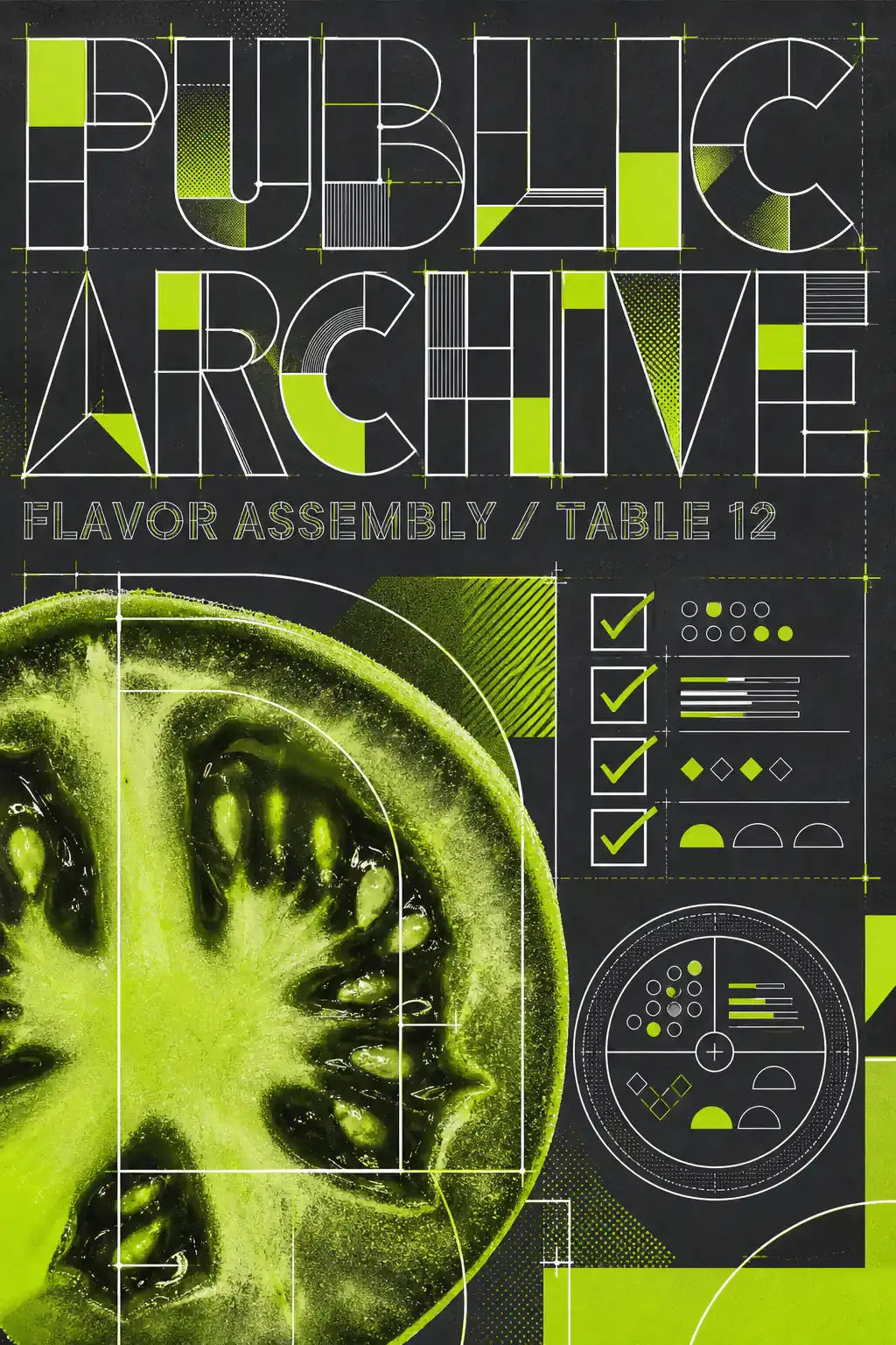 Public Archive Flavor Assembly Green Tomato Poster｜AI Image Generation Prompts
