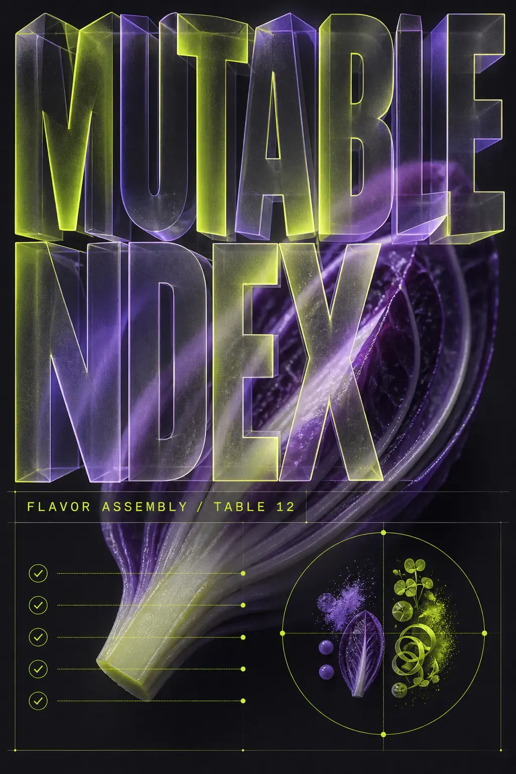 Mutable Index 3D Typography Poster with Purple Cabbage｜AI Image Generation Prompts
