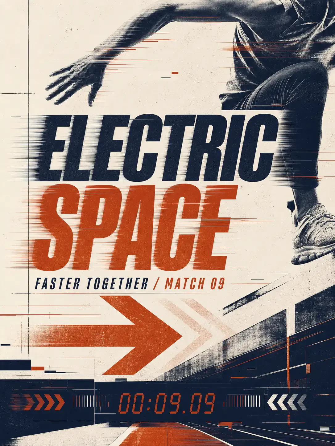 Electric Space Sports Poster with Runner and Glitch Effects｜AI Image Generation Prompts