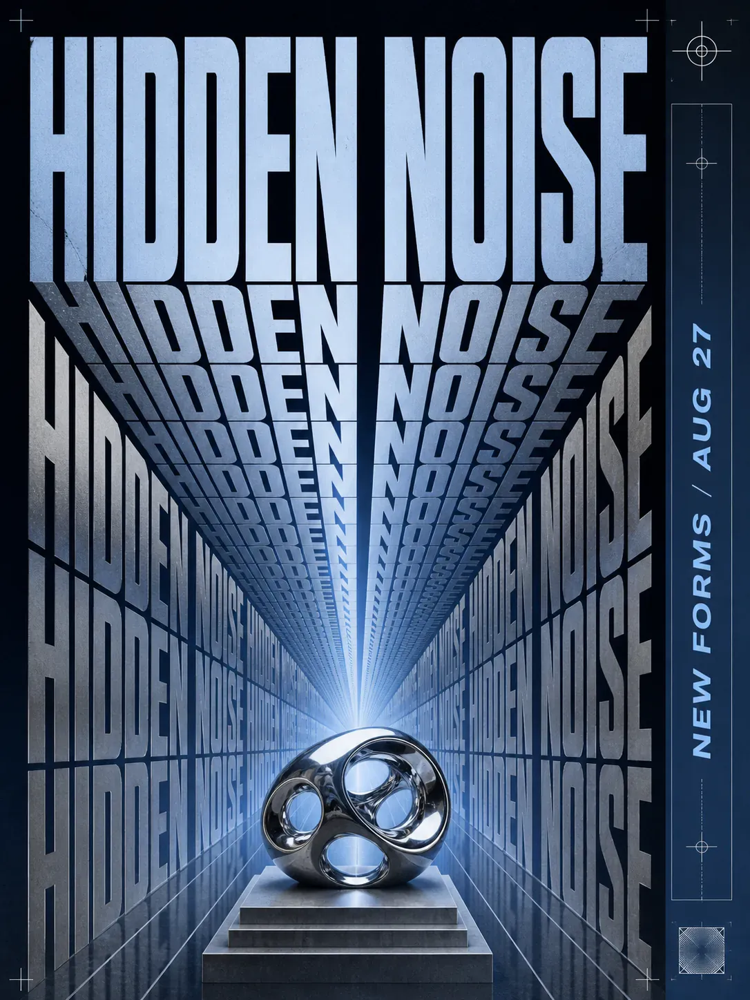 Hidden Noise poster featuring metallic sculpture and 3D text｜AI Image Generation Prompts