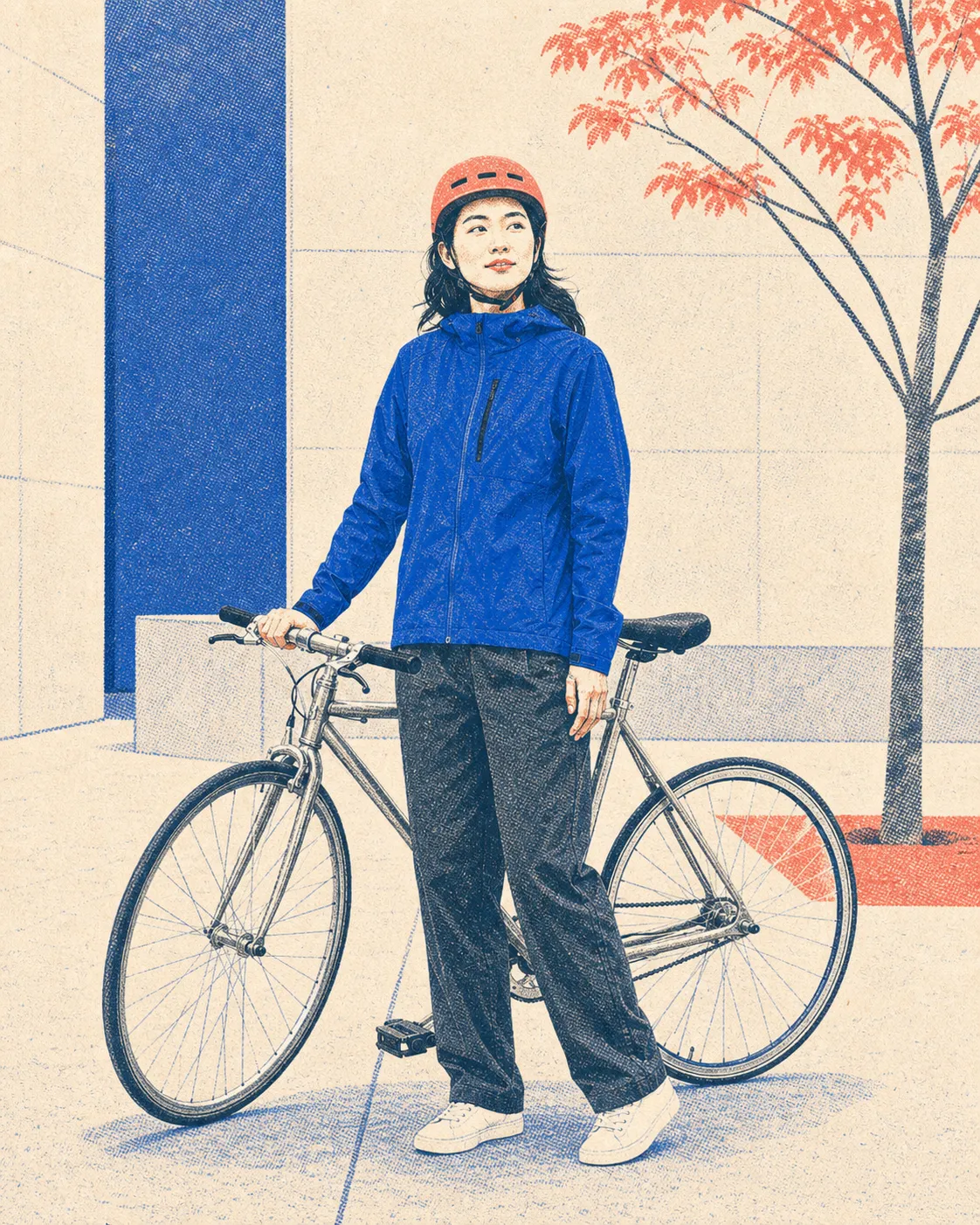 保持人物、服装、姿势和自行车构图不变的钴蓝与珊瑚色孔版印刷插画
