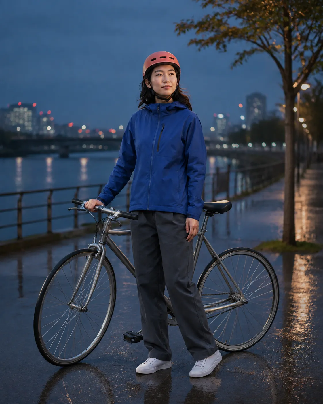 同一位骑行者保持服装、姿势和自行车结构，背景替换为雨后蓝调时刻河岸