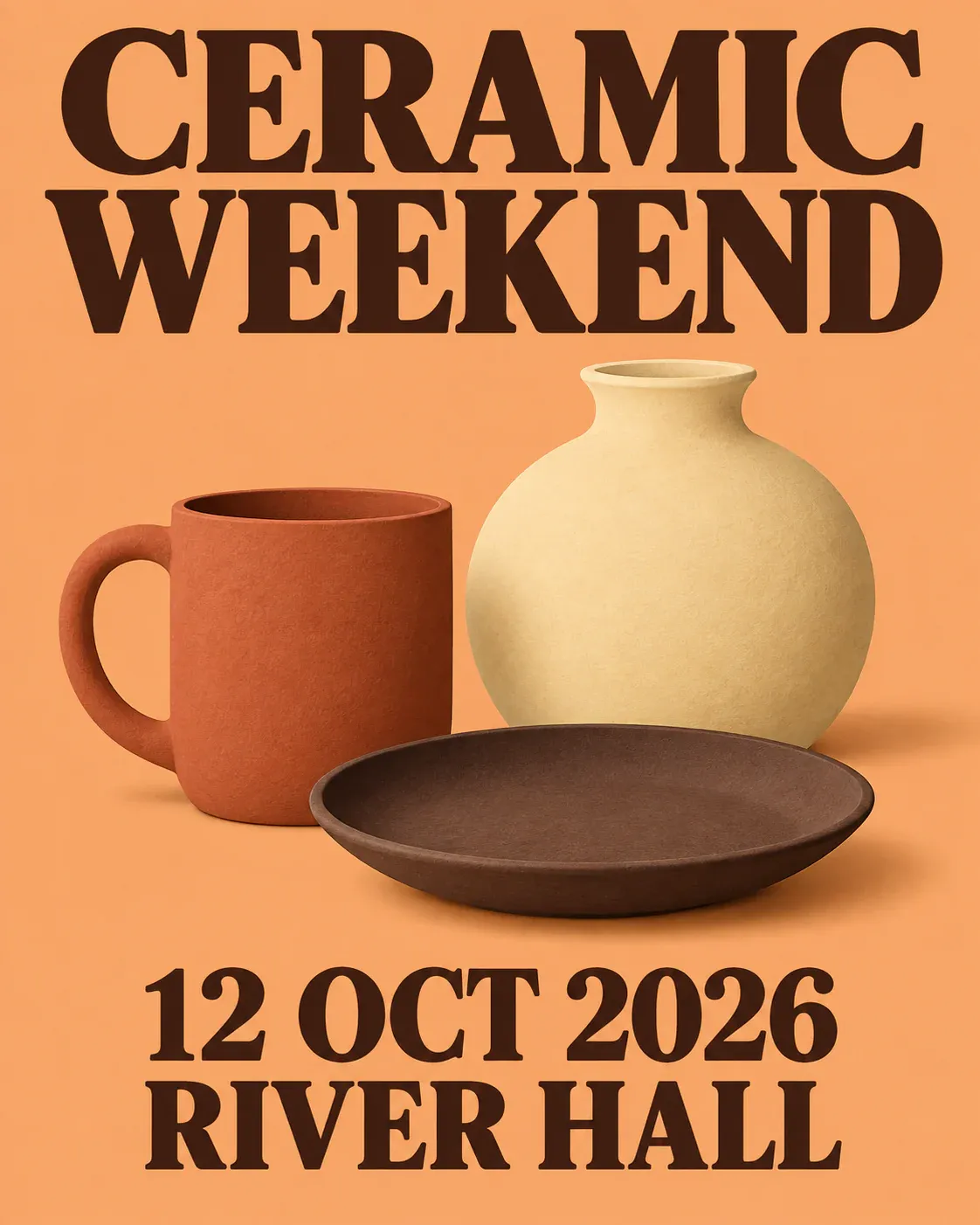 Three ceramic objects identify the market theme, while the headline and event details sit in separate areas
