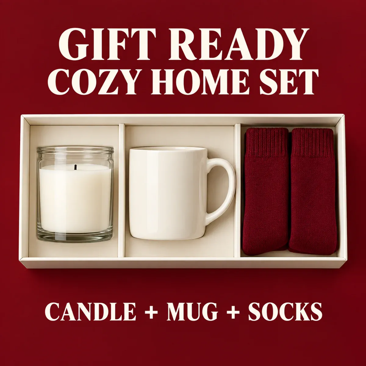 The gift box contains a candle, a mug, and socks, matching the three product categories named beneath it