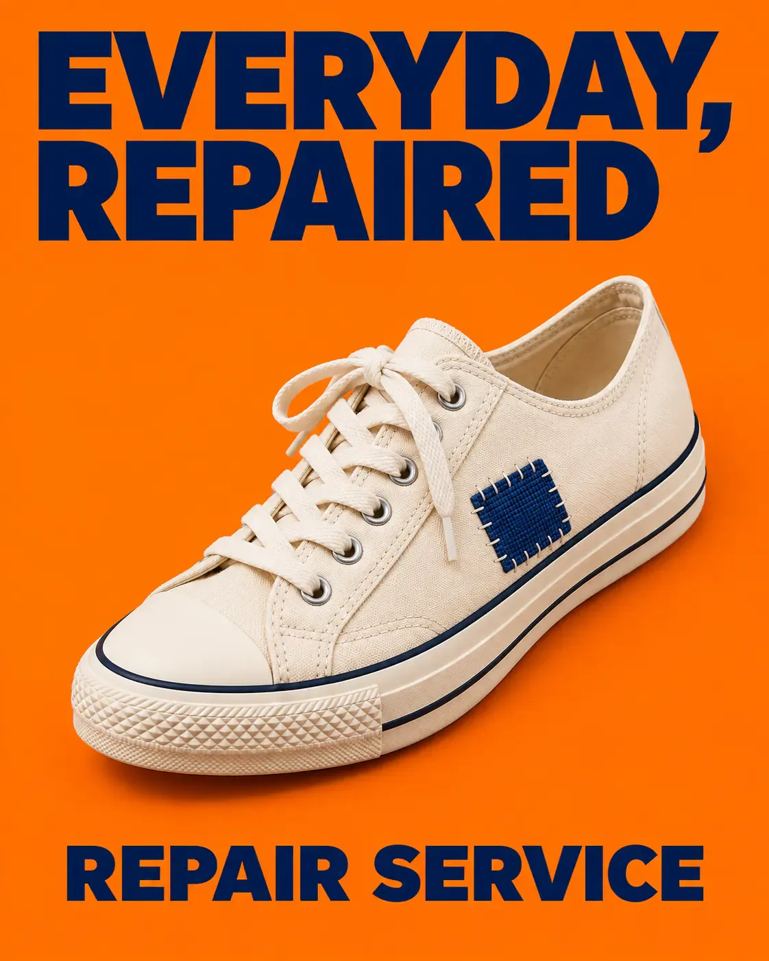 A woven patch explains the repair-service concept without unsupported lifespan or environmental promises