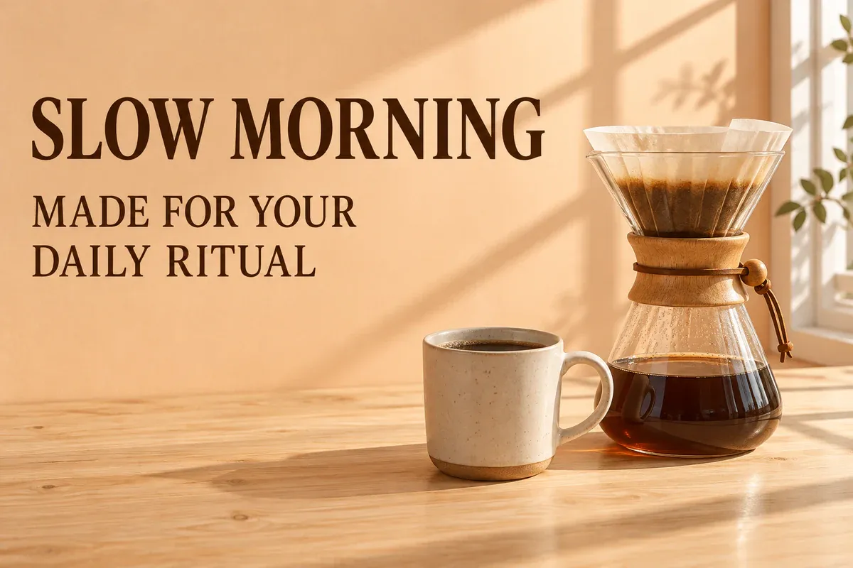Morning light and everyday coffee objects establish the mood, while the short copy stays clear of busy shadows