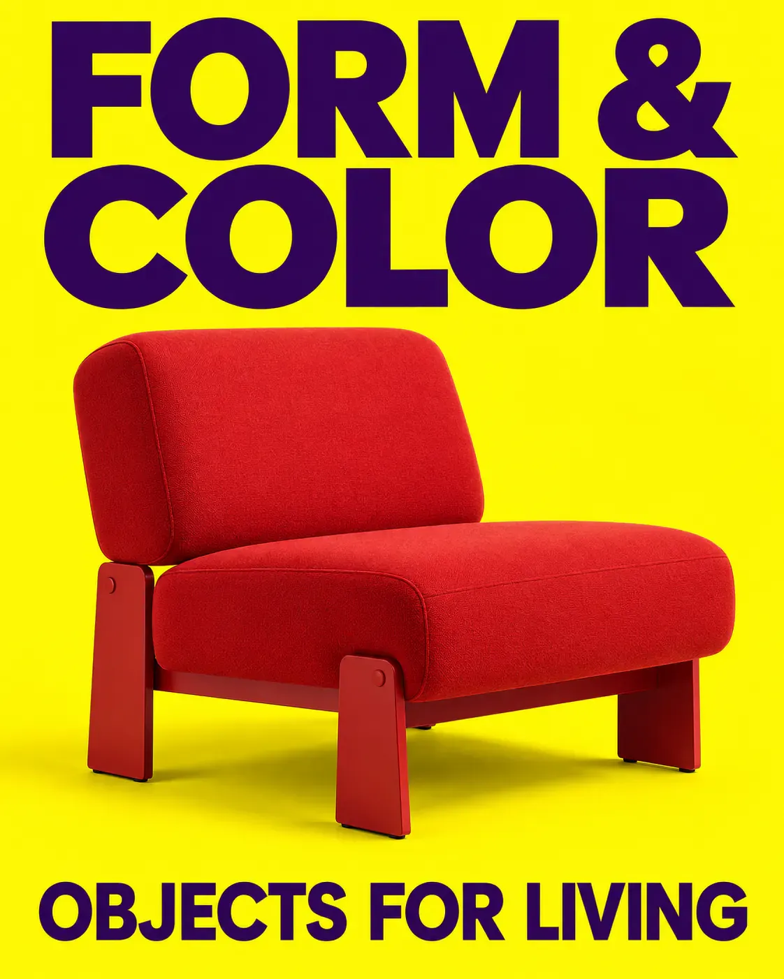 A red chair stands out against yellow in the home-design poster, with the headline kept separate and legible