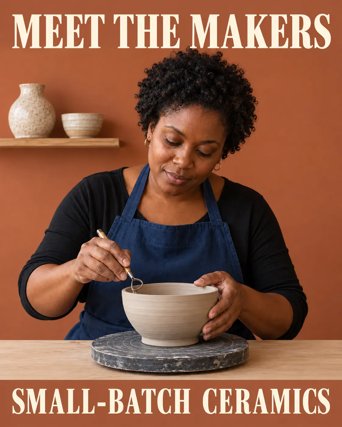 The maker's gaze, hands, and clay bowl connect the scene, with text kept clear of the working area