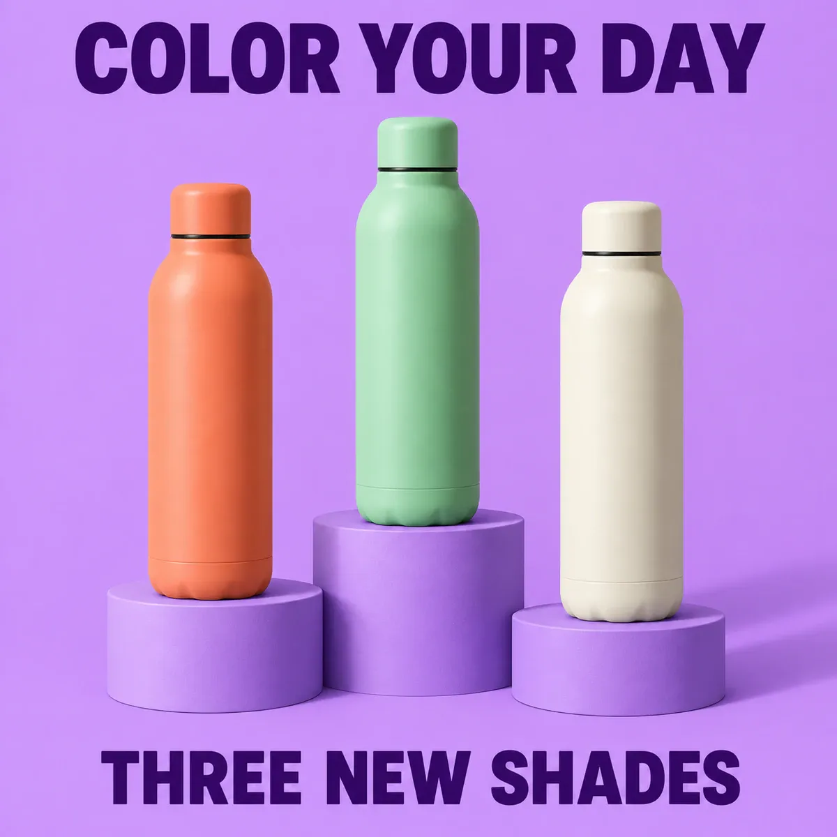 Three bottles retain the same construction and proportions, with color providing the visual variation