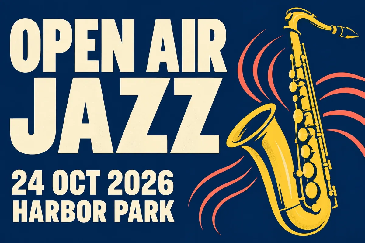Dark blue and gold distinguish the jazz poster, with the instrument kept clear of the event text