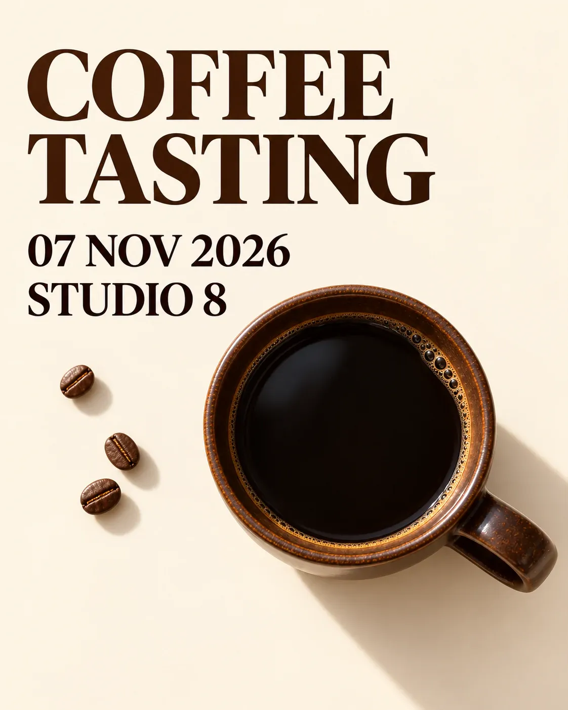 The coffee cup sits below the headline, date, and venue, creating a clear reading order from the upper left