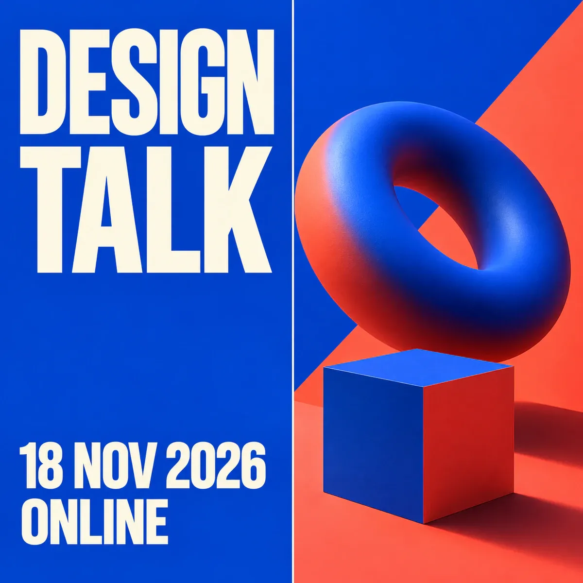 An asymmetric grid separates the online design talk's text and geometric objects, with ONLINE clearly identifying the format