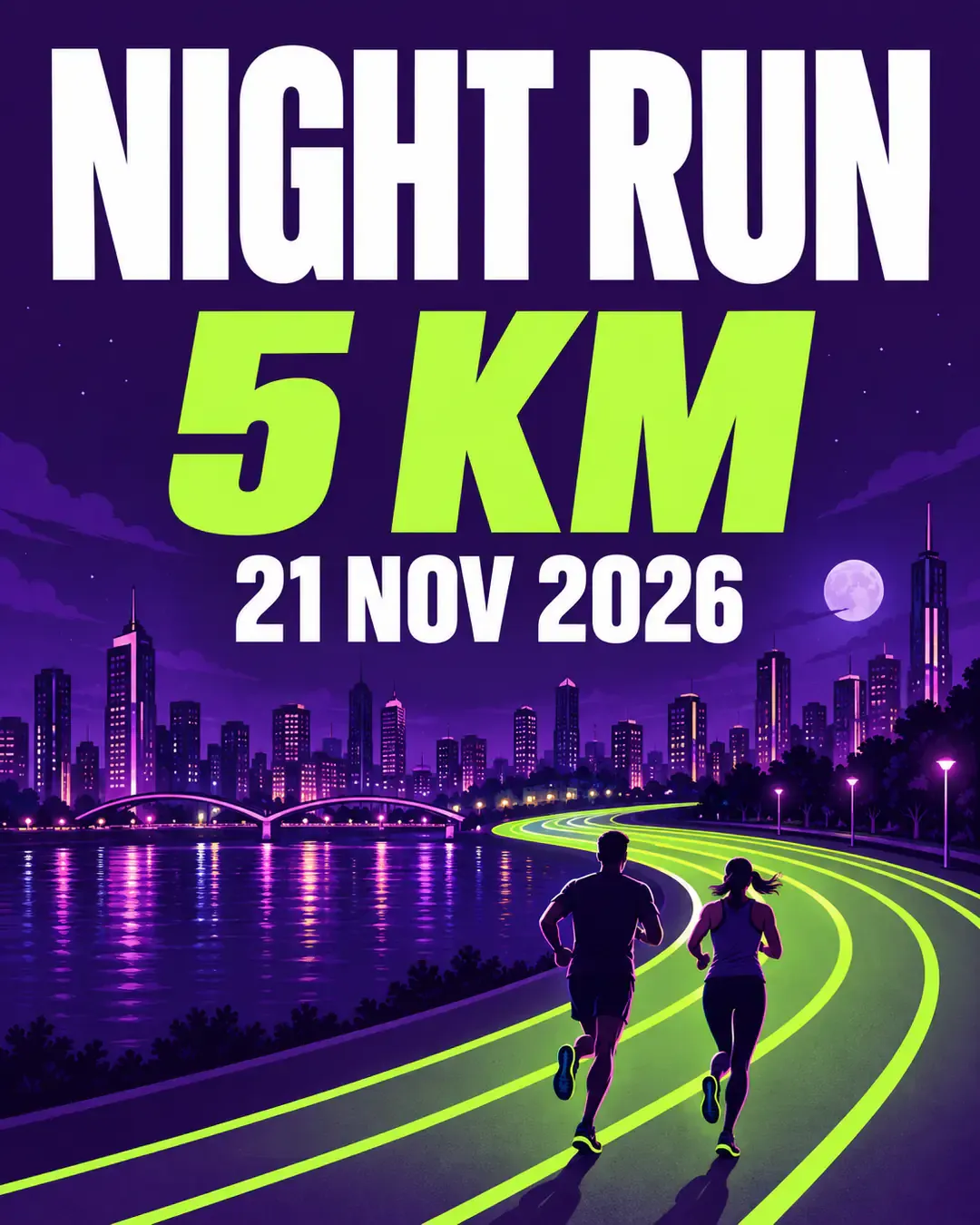 The night-run poster emphasizes the five-kilometer distance; the green track is decorative rather than a real route map
