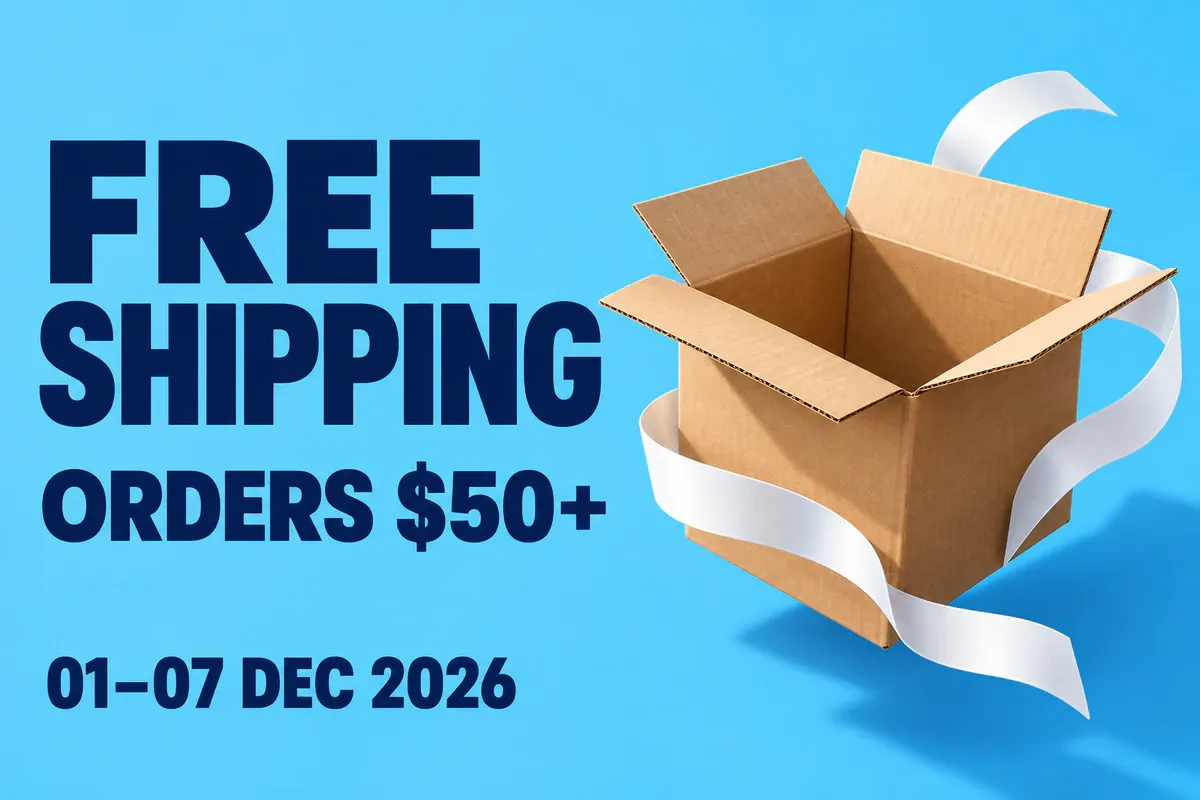 The $50 order threshold follows the free-shipping headline, with the parcel and copy occupying separate sides
