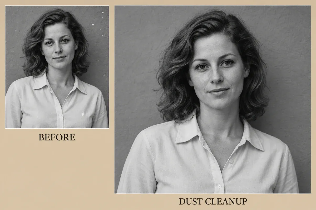 Dust-cleanup illustration: fewer white spots on the wall, with corresponding facial and collar details