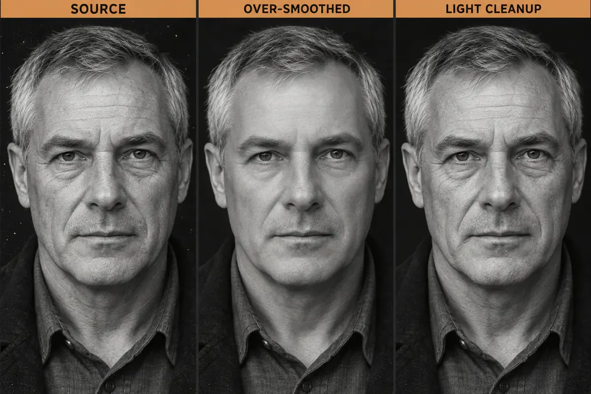 Face-editing illustration: source, over-smoothed and lightly cleaned copies, with visible wrinkles retained in the light cleanup
