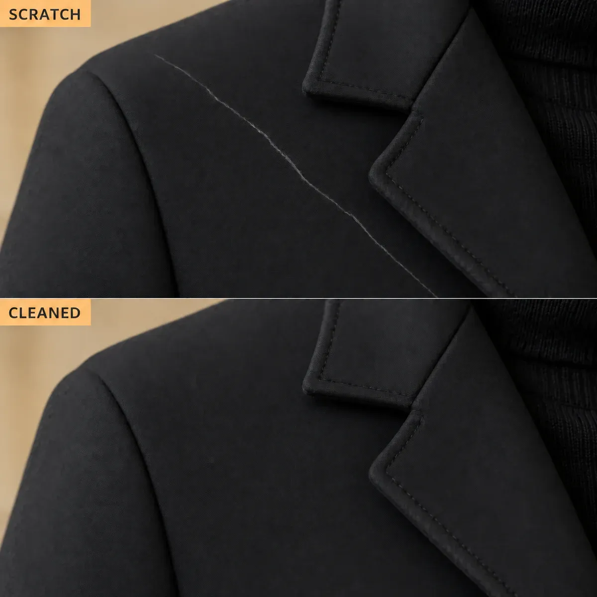 Coat-detail illustration: the bright scratch is removed while the seam continues in its original direction