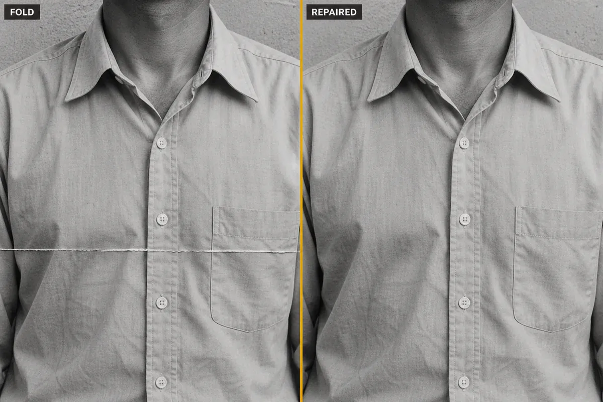 Fold-repair illustration: the horizontal crease across the shirt is reduced, with buttons and seams retained