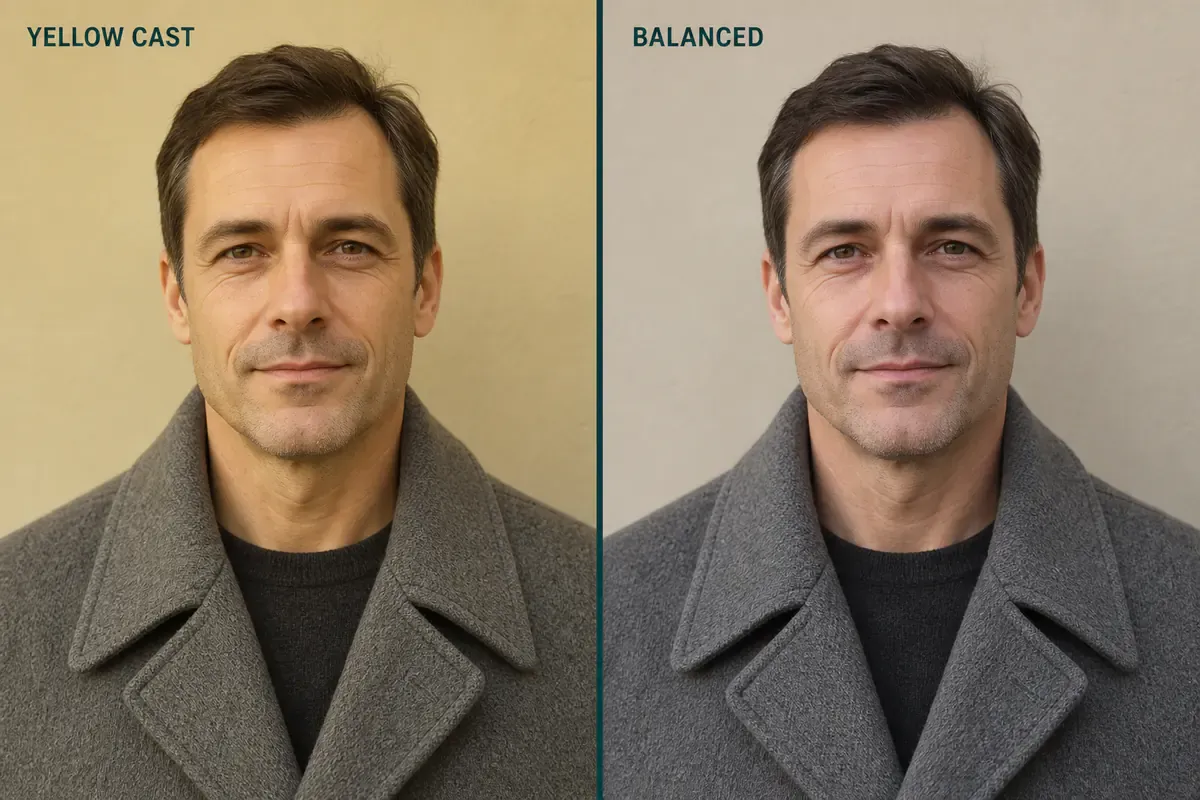 Yellow-cast illustration: less yellow overall, with warm skin and a neutral gray coat rather than a blue one