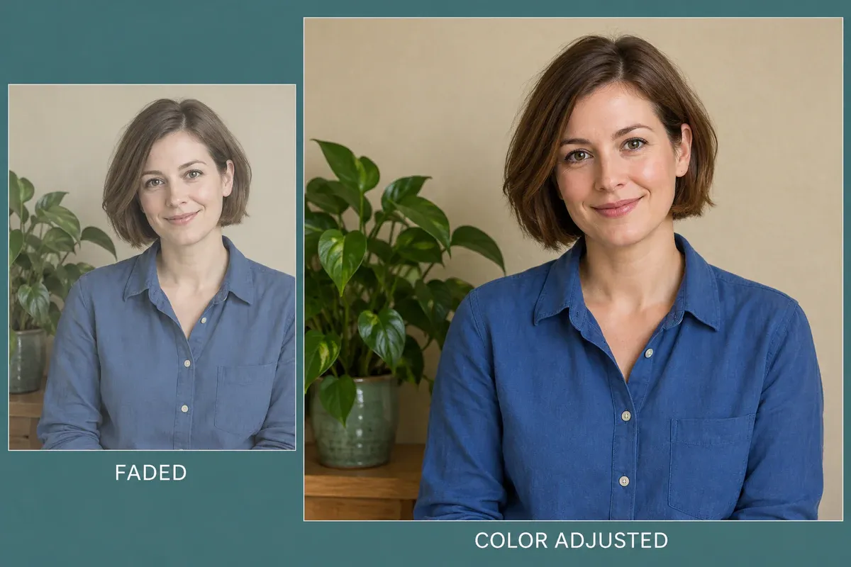 Faded-color illustration: the shirt, plant and wall become easier to distinguish without being recolored