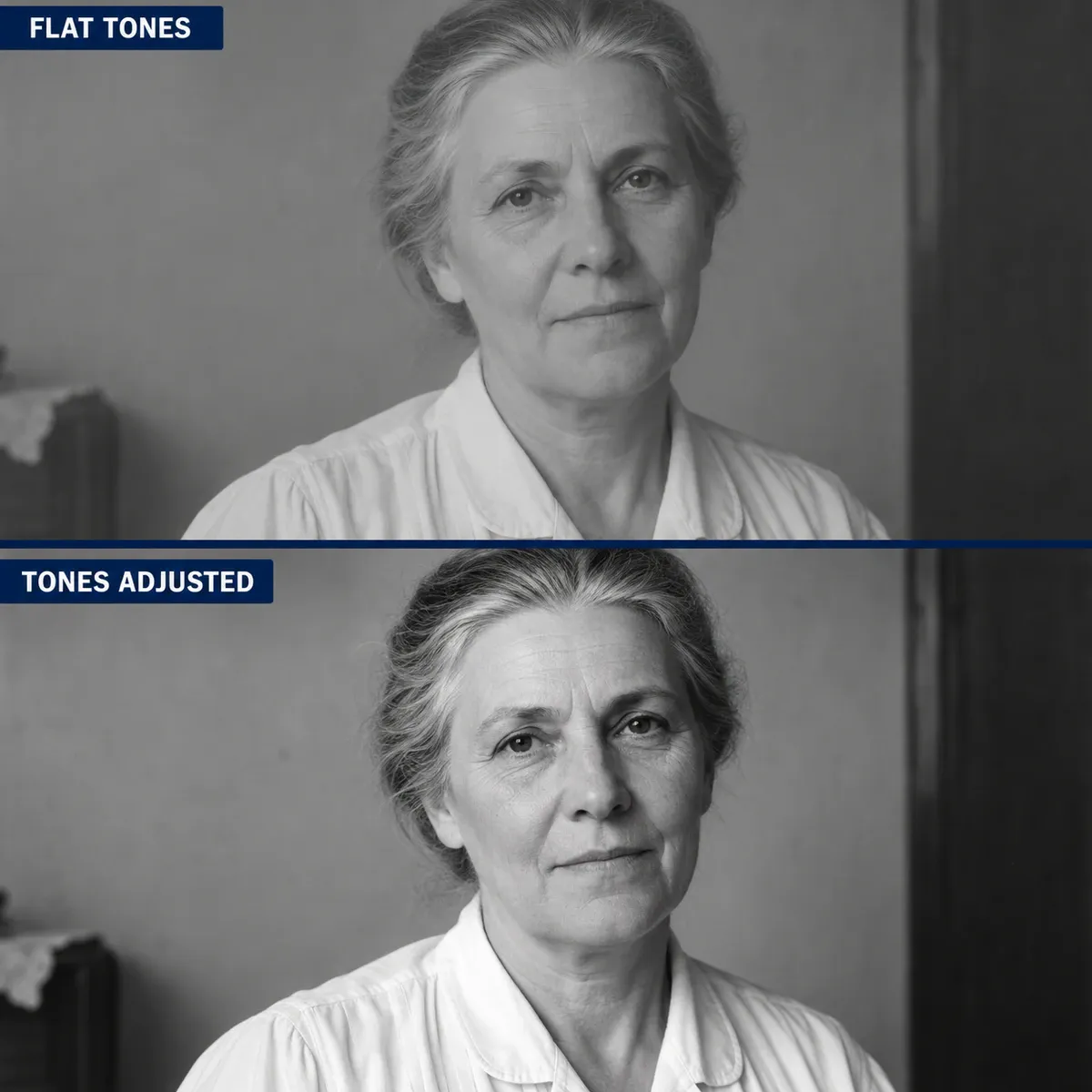 Black-and-white tone illustration: stronger separation from the background while white-blouse folds remain visible