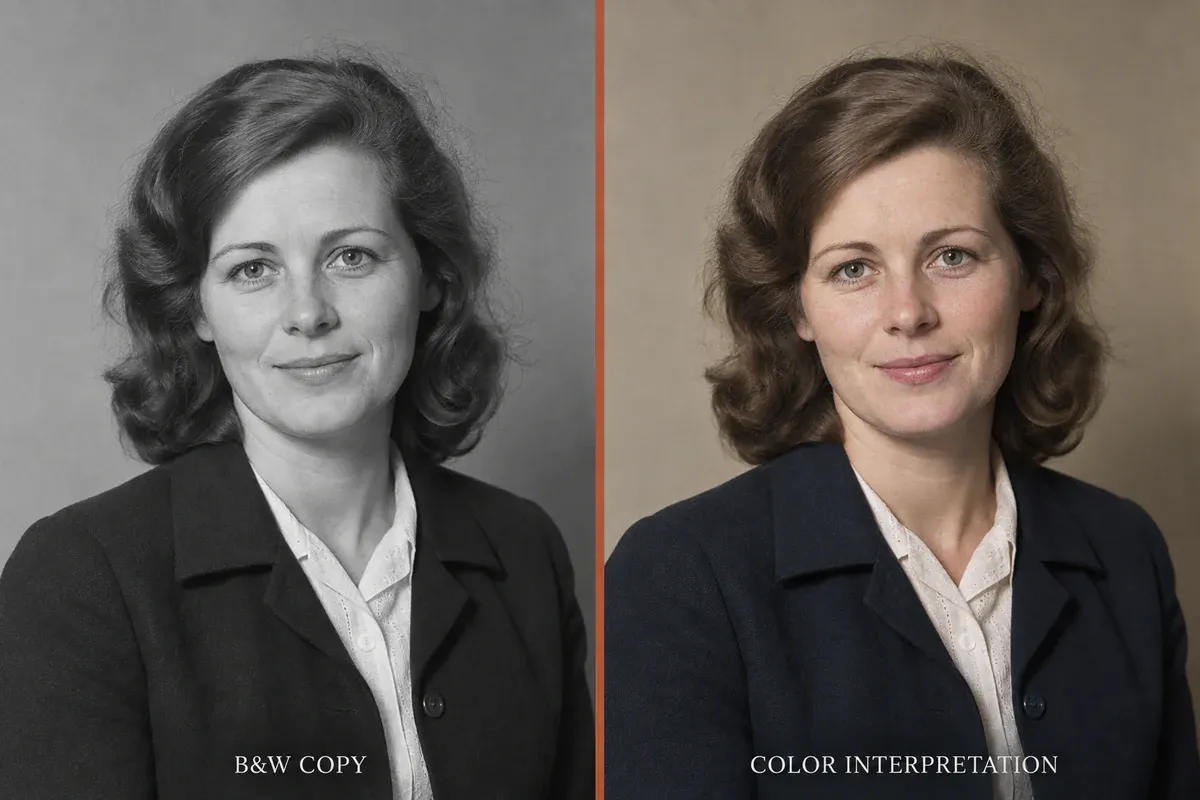Colorization illustration: matching pose and clothing texture in black-and-white and inferred-color versions