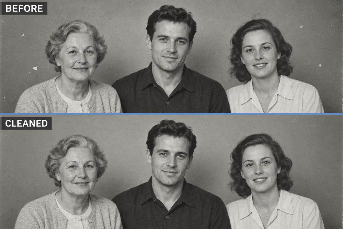 Group-cleanup illustration: fewer background marks, with the three people's individual ages, positions and clothes retained