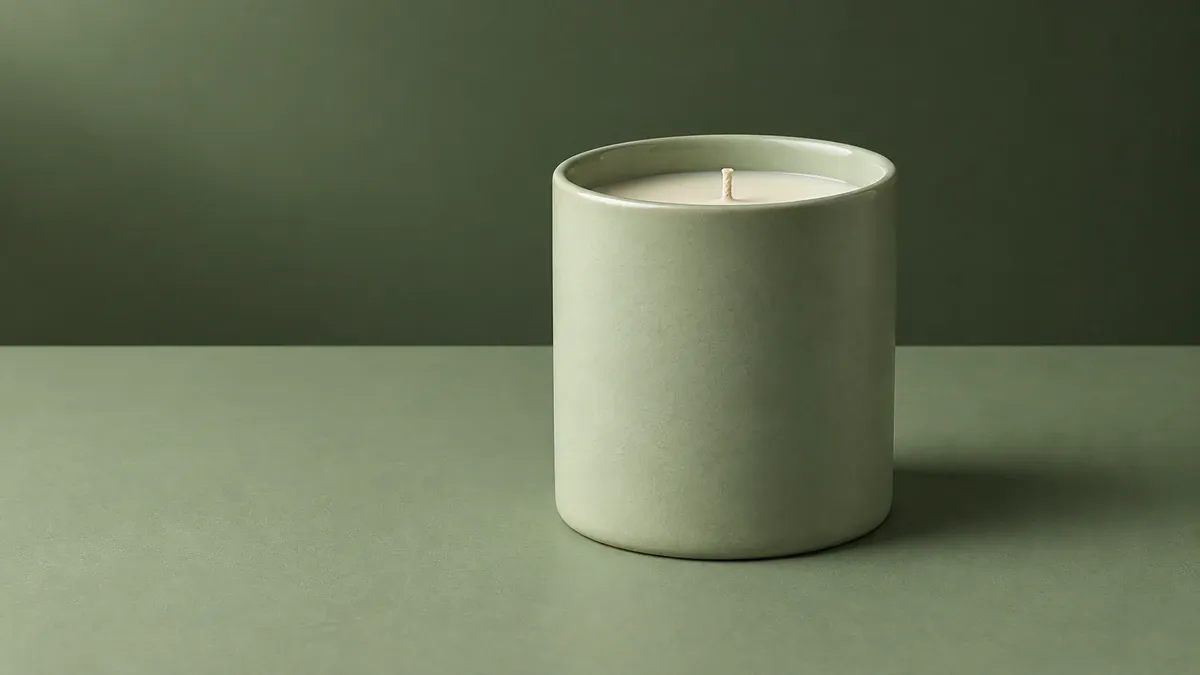 A pale green candle against a darker green background, with its rim and side clearly defined