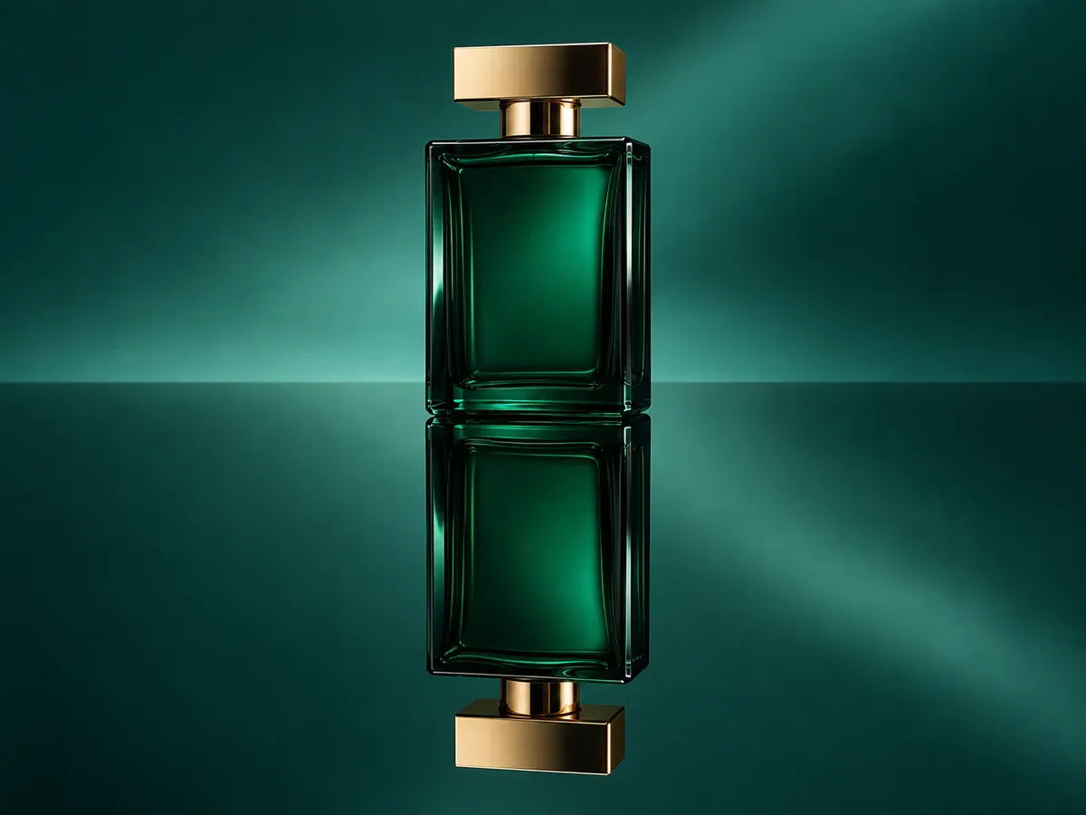 A deep green perfume bottle stands on a mirror, with its reflection meeting the base and matching the bottle's orientation