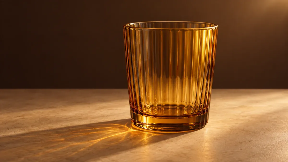 An amber glass lit from behind and to one side, with a clear rim and warm light passing through its walls