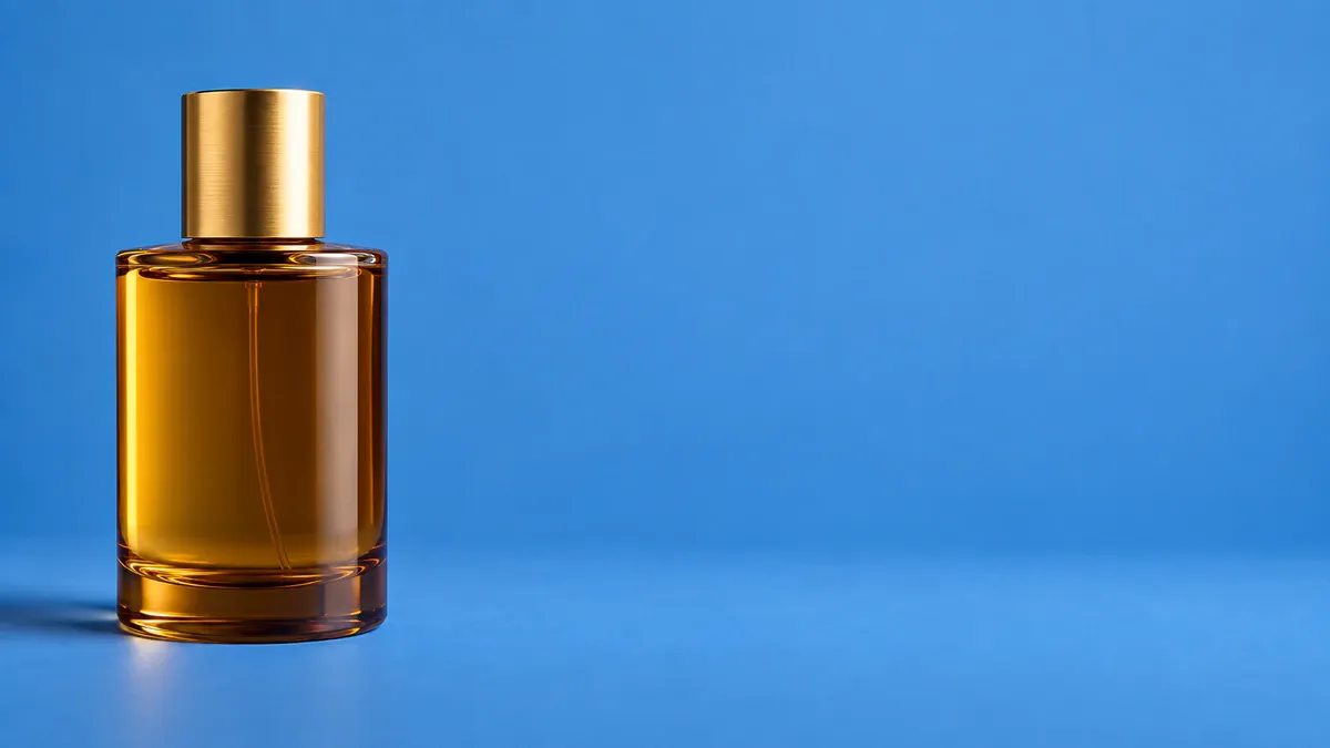 A perfume bottle sits on the left of a blue background, leaving a clear blue area on the right for copy