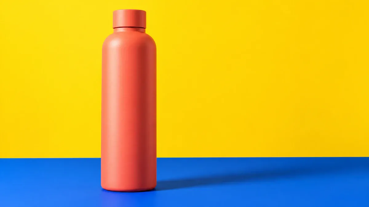 A coral water bottle on a blue surface, clearly separated from a yellow background