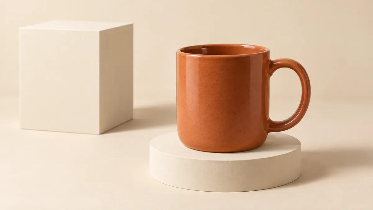 A terracotta mug on a low round pedestal, with an offset block behind it and the full handle visible