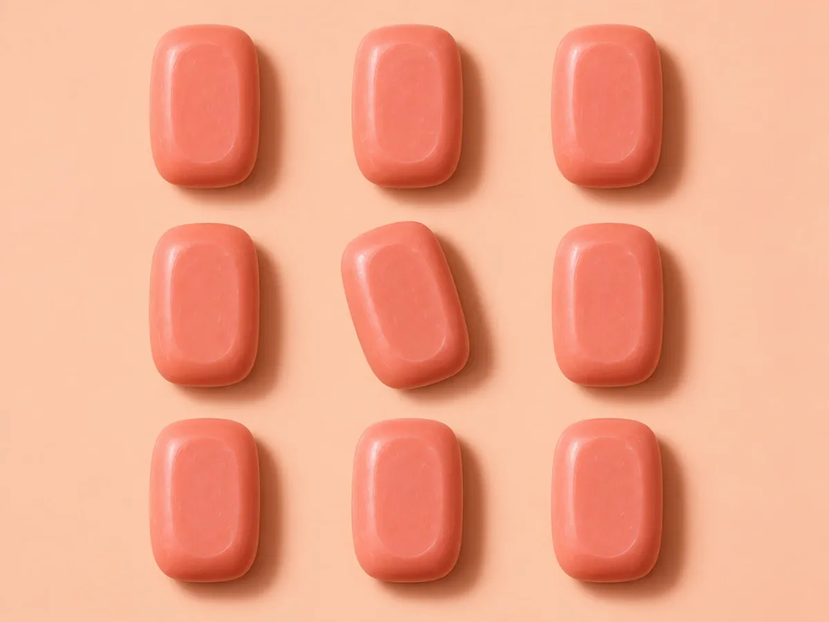 Matching coral soap bars form a grid, with one bar slightly rotated to draw attention