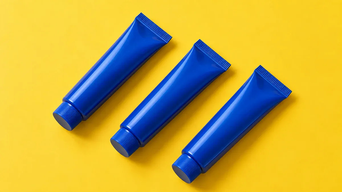 Three blue tubes lie on parallel diagonals, with their caps pointing the same way