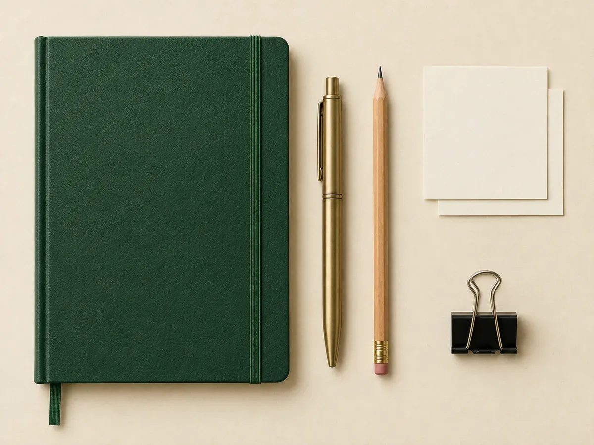 A notebook, writing tools, clips, and cards arranged along horizontal and vertical lines with clear gaps