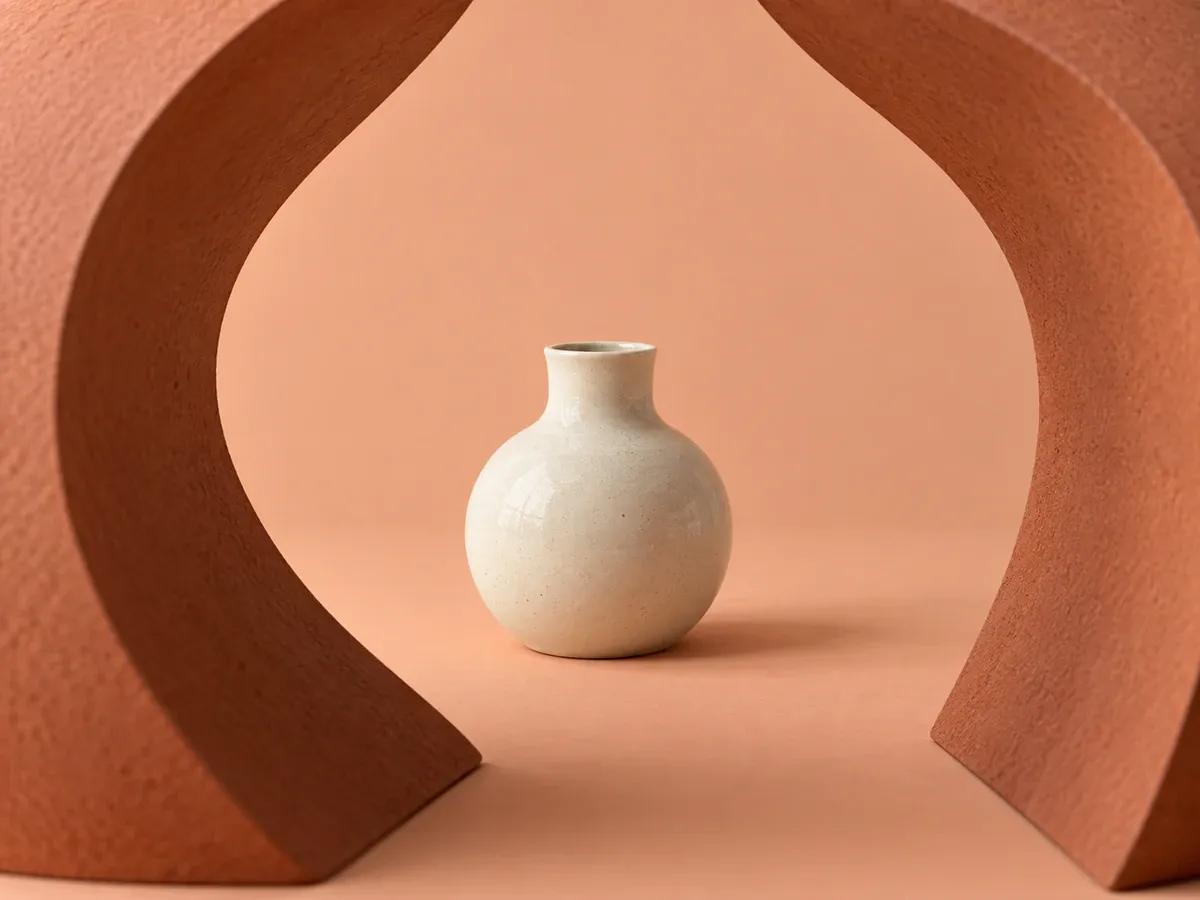 A pale vase sits between two terracotta foreground props, with its opening and body unobstructed