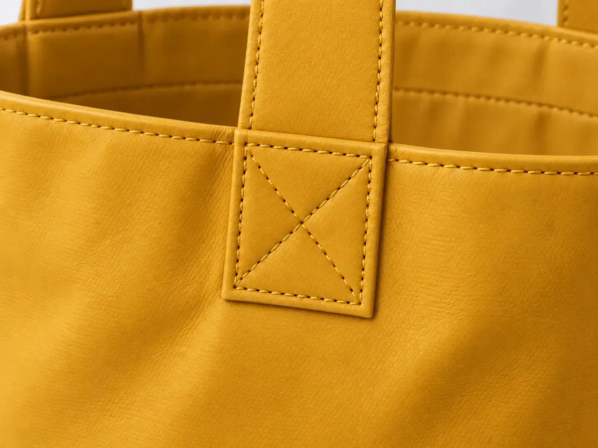 The stitched handle attachment of a yellow leather bag fills the frame, with part of the bag body still visible