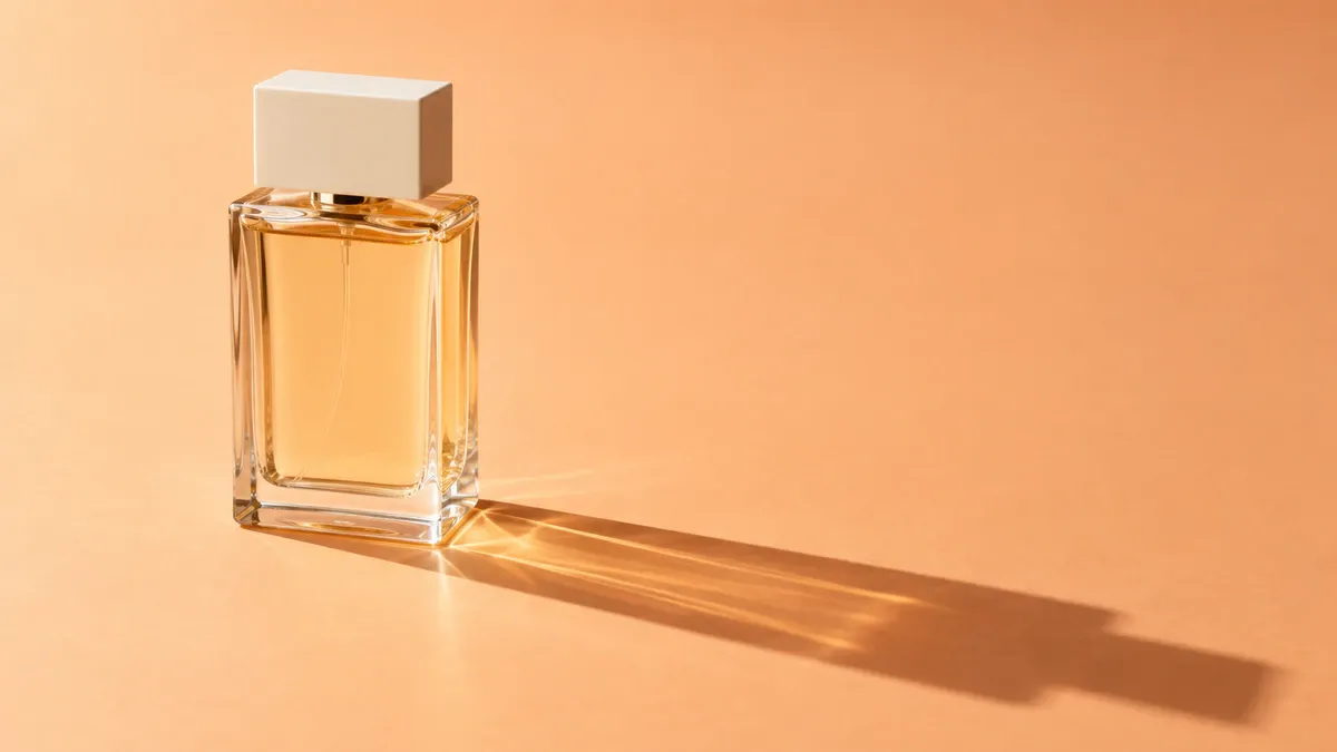A rectangular perfume bottle casts a diagonal shadow on an apricot surface while its front remains visible