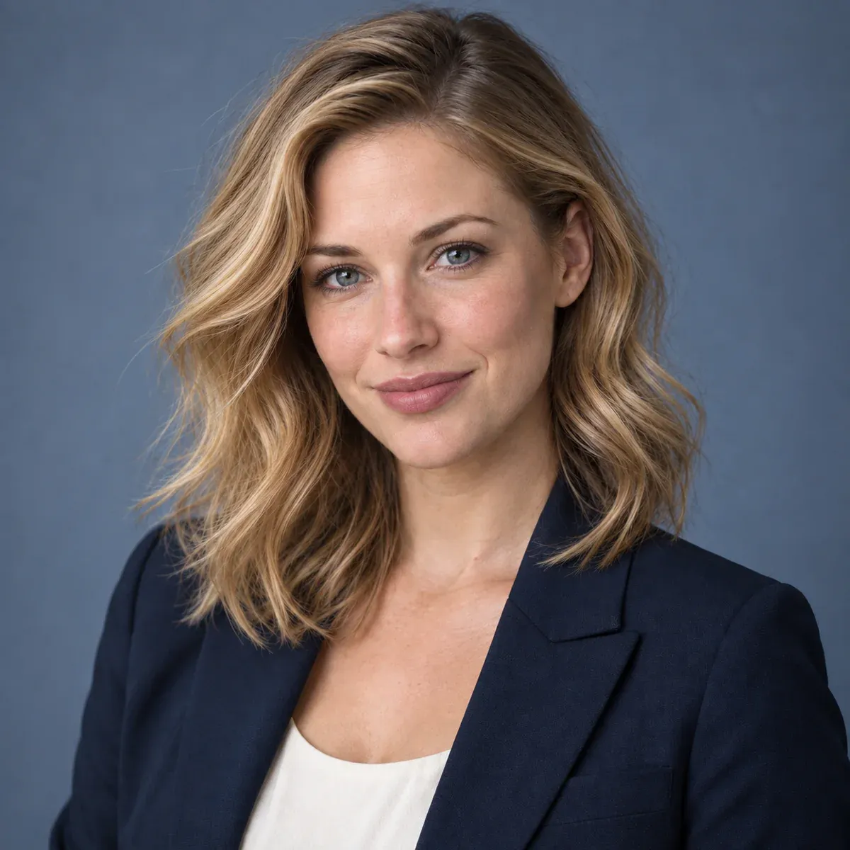 A chest-up professional portrait against blue-gray, with a clear face and naturally relaxed shoulders