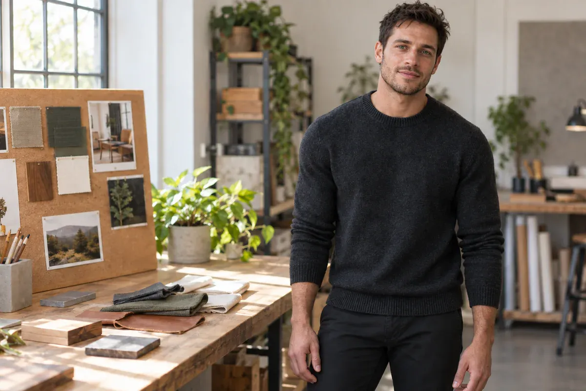 An environmental portrait beside a worktable includes both the person and a simple working space