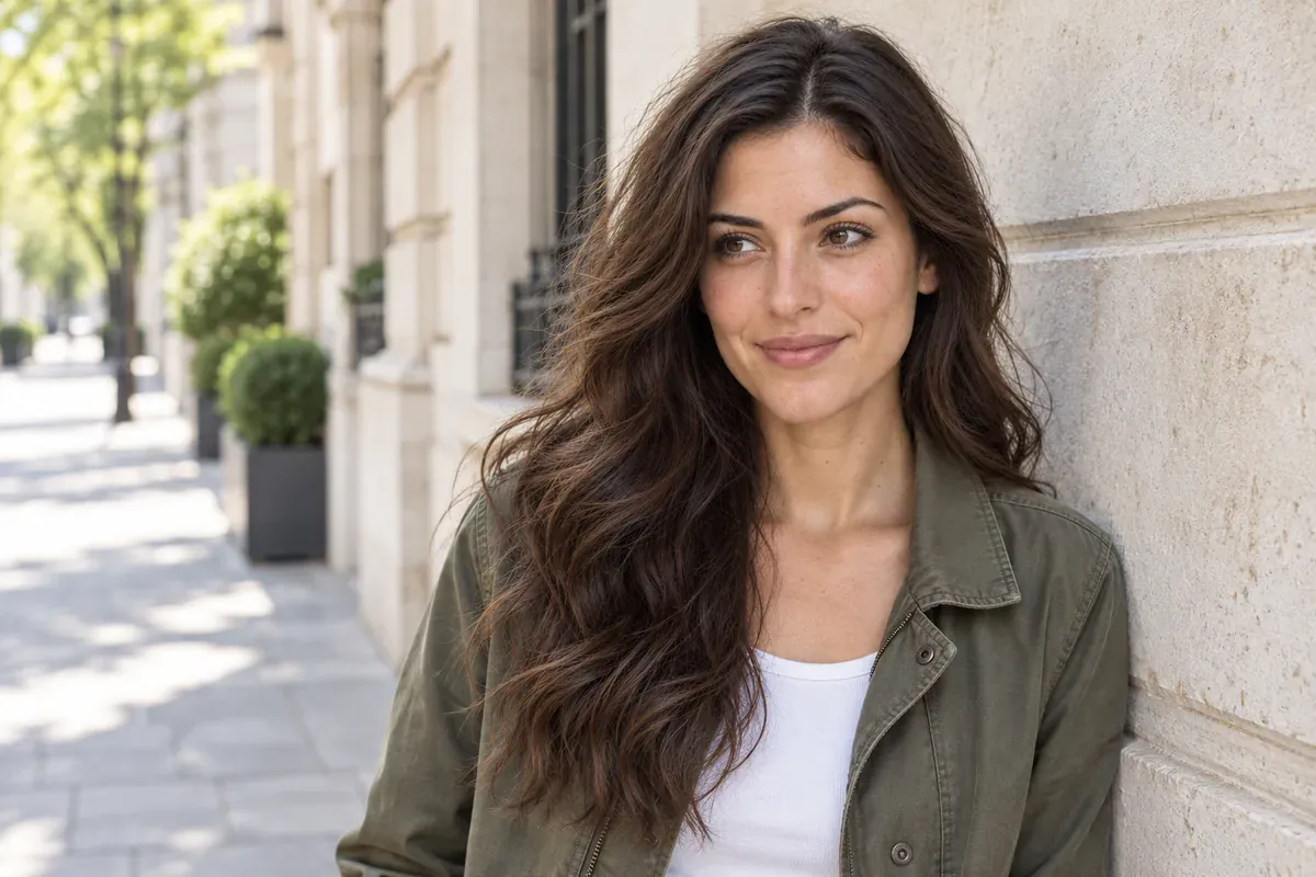 A shaded street portrait uses the stone wall and distant street to give the scene depth