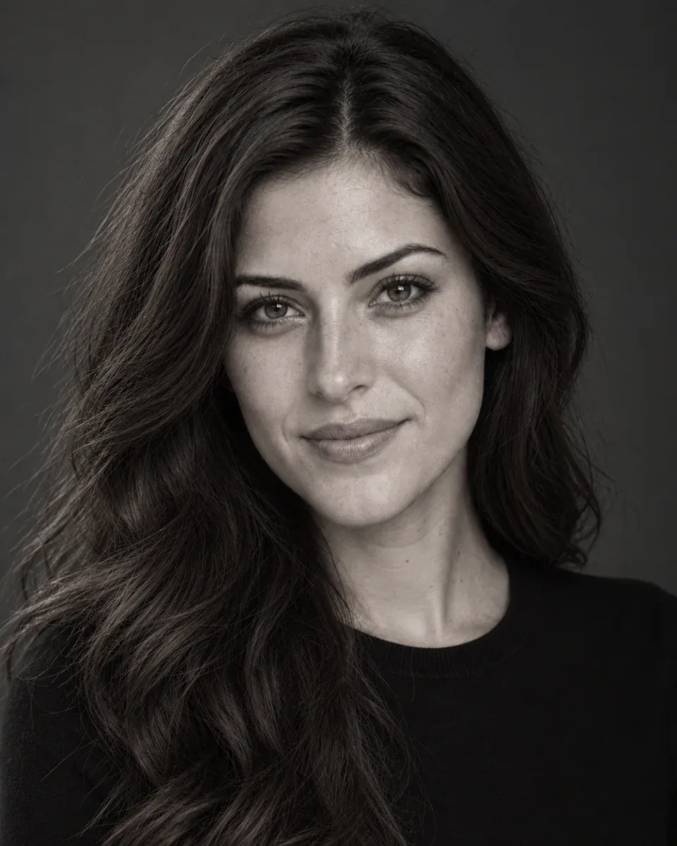 A side-lit black-and-white close-up retains visible eye and cheek detail on the shadowed side